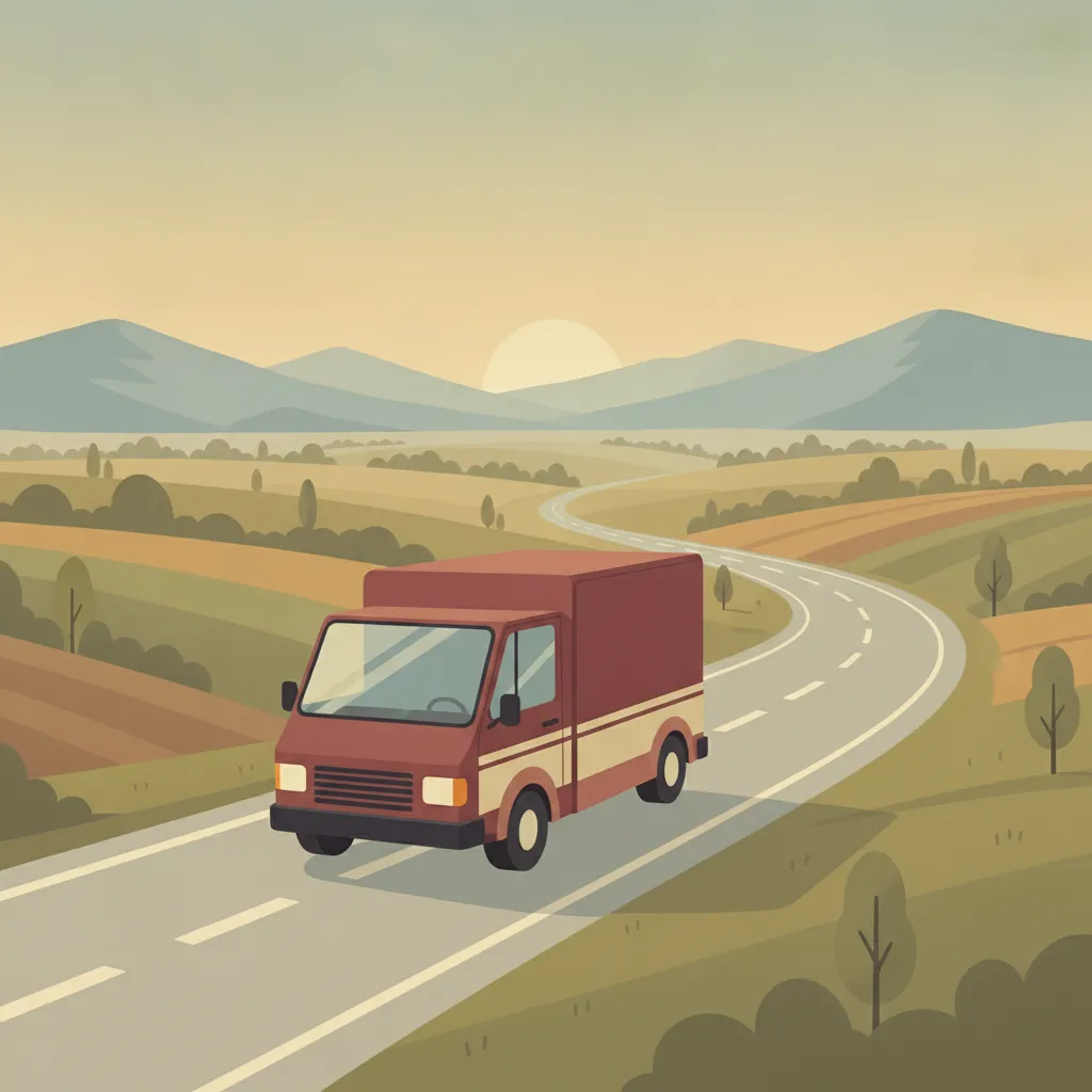 Illustration: kleiner oxblood-roter Transporter mit Teilladung auf europäischer Fernstraße – Beiladung europaweit ab Lübeck