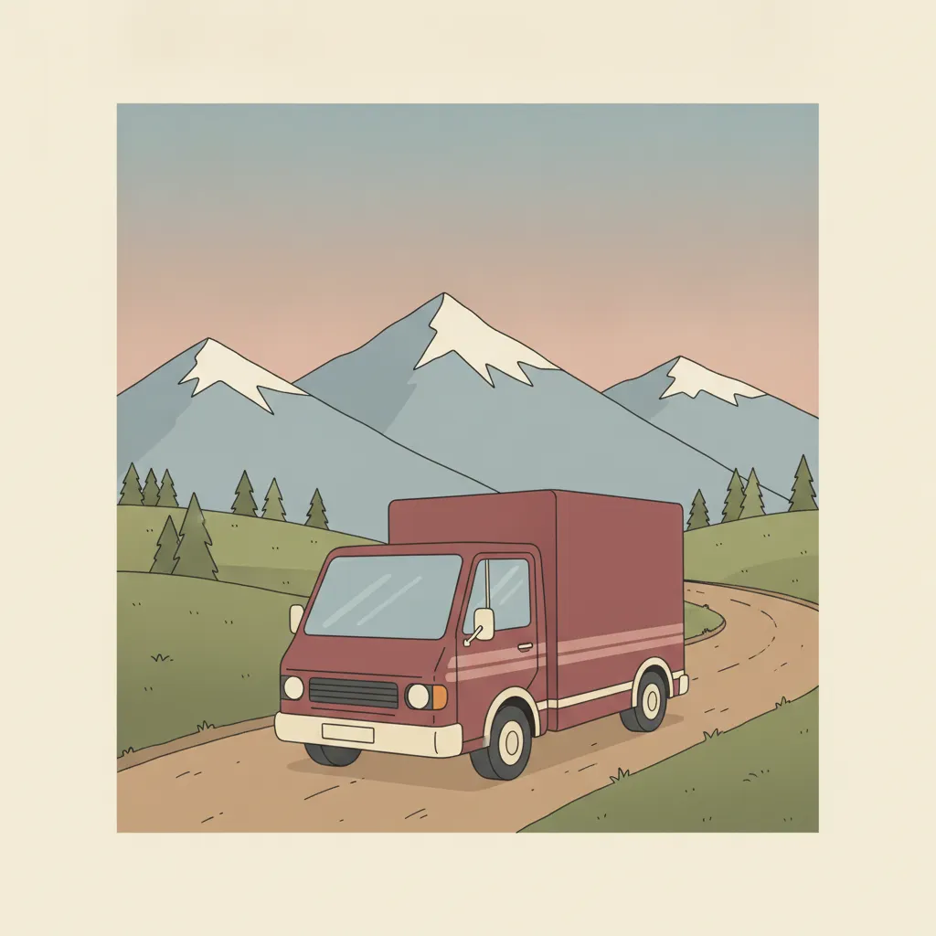 Illustration: kleiner oxblood-roter Transporter mit Teilladung vor schneebedeckten Schweizer Alpen – Beiladung in die Schweiz ab Lübeck