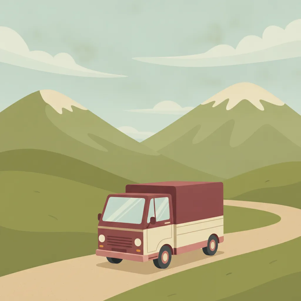 Illustration: kleiner oxblood-roter Transporter mit Teilladung vor österreichischer Alpenkulisse – Beiladung nach Österreich ab Lübeck