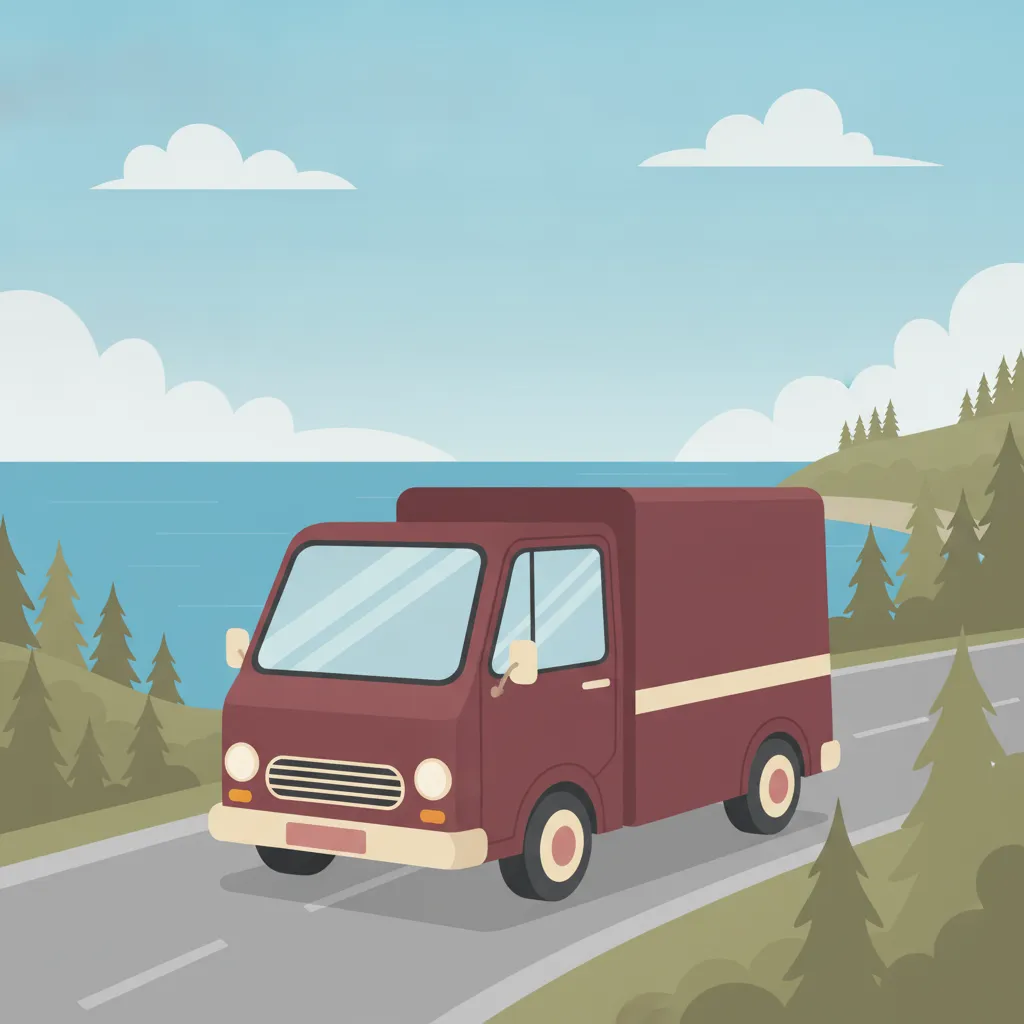 Illustration: kleiner oxblood-roter Transporter mit Teilladung vor spanischer Mittelmeerküste – Beiladung nach Spanien ab Lübeck
