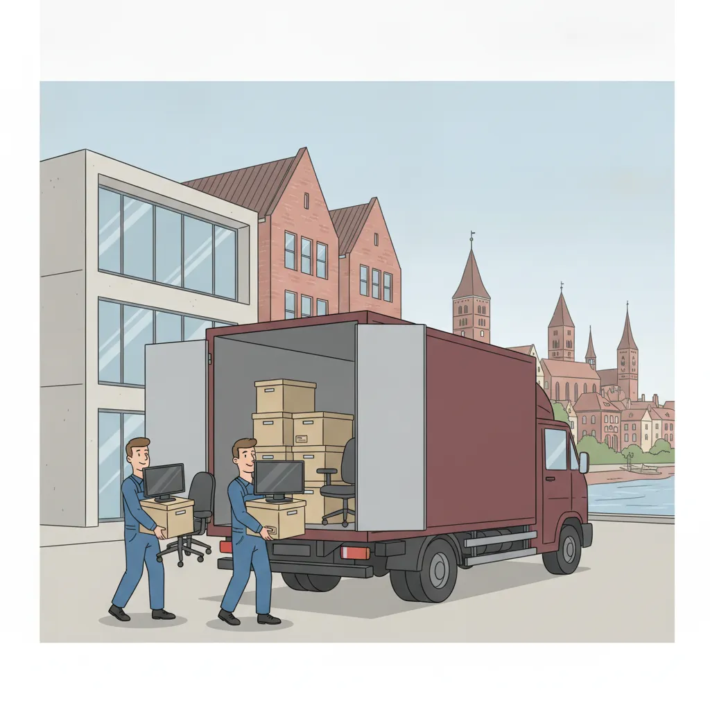 Comic-Illustration: Helfer laden Bürostühle, Monitore und Aktenkartons vor einem Lübecker Bürohaus in einen oxblood-roten Kastenwagen – Büroumzug in Lübeck