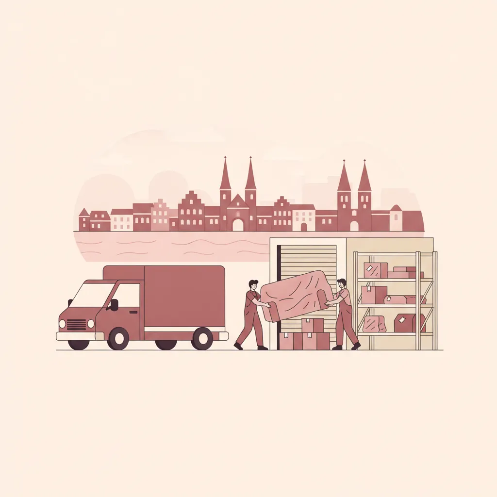 Flat-Design-Illustration: zwei Träger schieben gepolsterte Möbel und beschriftete Kartons in eine saubere Lagerbox, daneben ein geschlossener Kastenwagen, im Hintergrund die Lübecker Türme über der Trave – Einlagerung in Lübeck