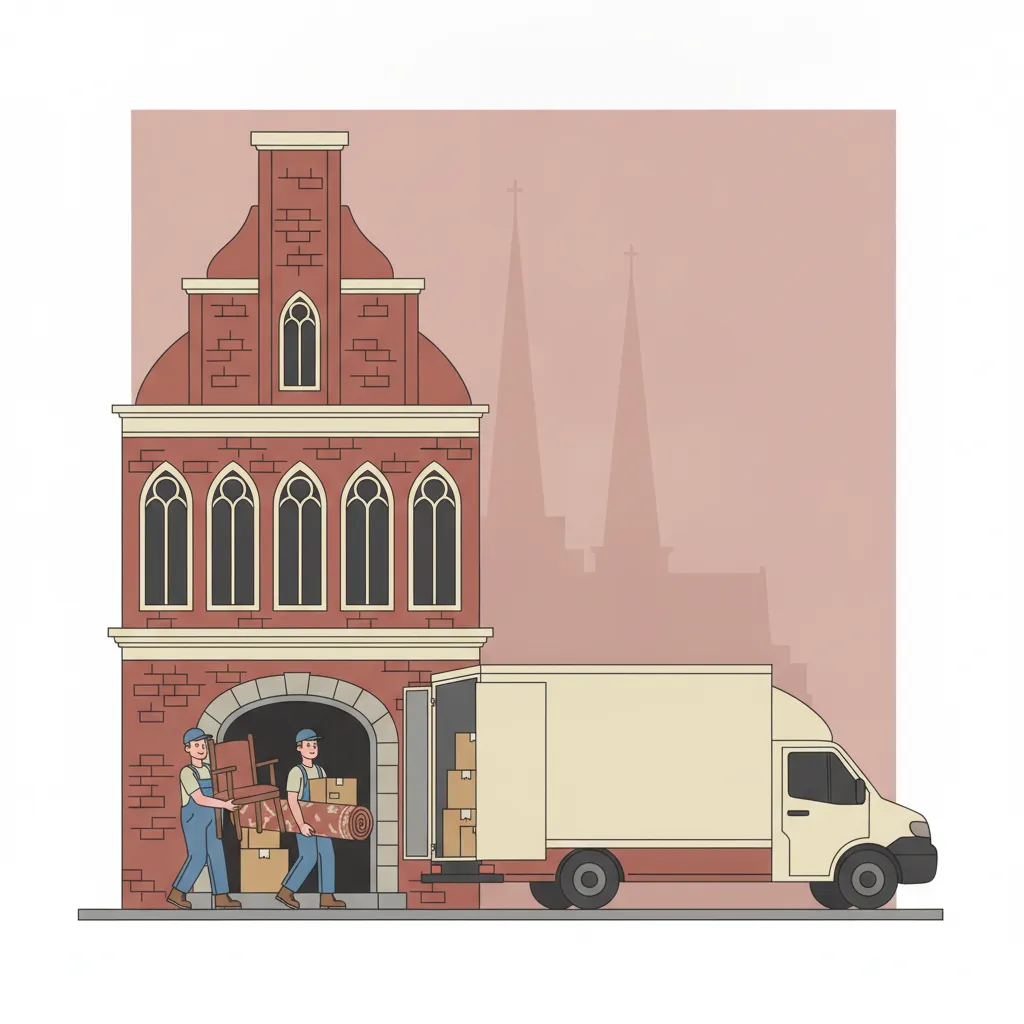 Flat-Design-Illustration: zwei Helfer tragen alte Möbel und Kisten aus einem Lübecker Kellereingang zu einem geschlossenen Kastenwagen, im Hintergrund ein Backsteingiebel – Entrümpelung in Lübeck