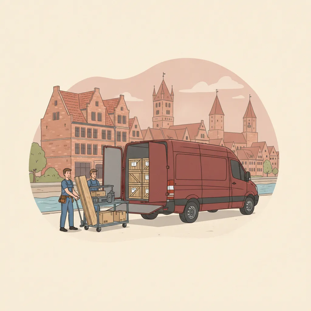 Comic-Illustration: Helfer laden Regale, eine Werkbank und Transportkisten vor einem Lübecker Gewerbebau in einen oxblood-roten Kastenwagen mit Ladebordwand – Firmenumzug in Lübeck