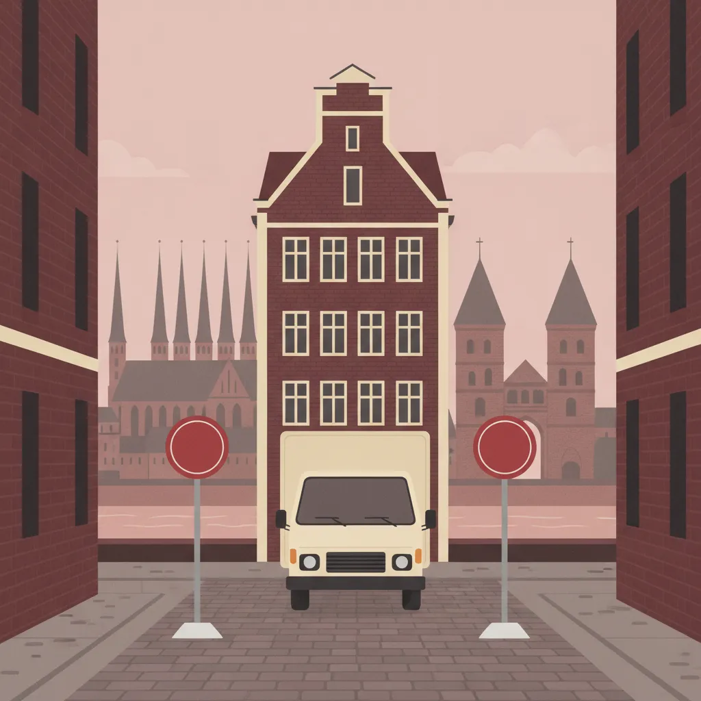 Flat-Design-Illustration: zwei mobile Halteverbotsschilder sichern eine freie Parklücke vor einem Lübecker Backsteinhaus, ein geschlossener Kastenwagen steht direkt davor, im Hintergrund die sieben Türme der Altstadt – Halteverbotszone für den Umzug in Lübeck