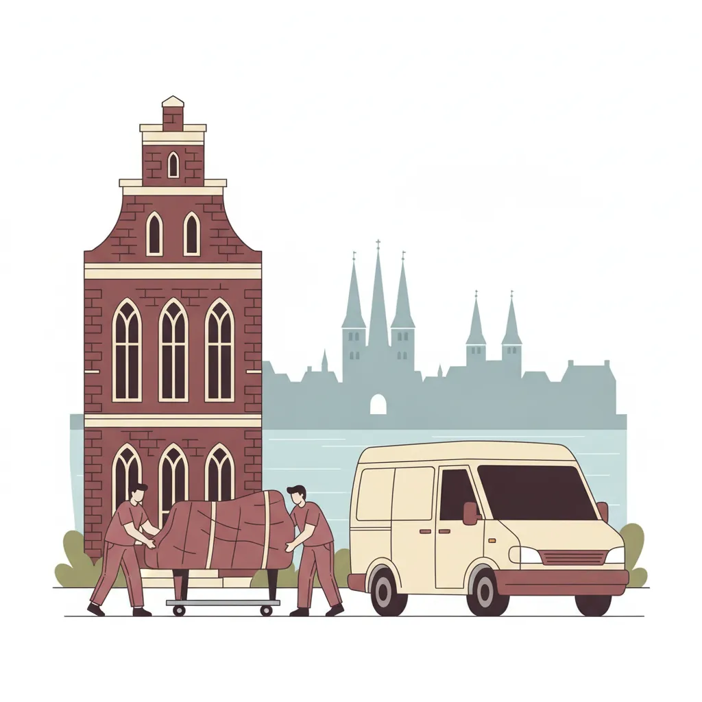 Flat-Design-Illustration: zwei Spezialträger bewegen ein gepolstertes Klavier auf einem Klavierroller aus einem Lübecker Backsteingiebelhaus zu einem geschlossenen Kastenwagen, im Hintergrund die sieben Türme der Altstadt – Klaviertransport in Lübeck