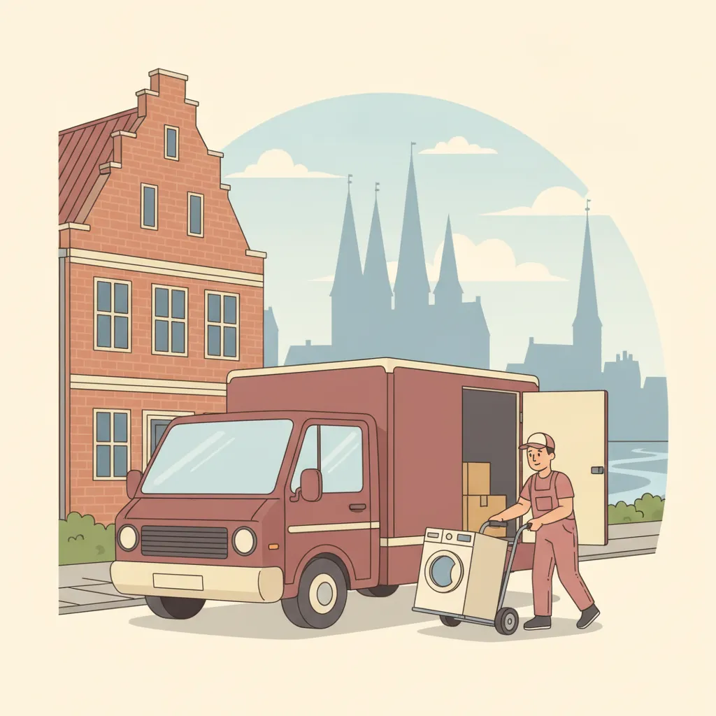 Comic-Illustration: ein kleiner geschlossener Transporter wird mit einzelnen Kartons und einer Waschmaschine vor einem Lübecker Giebelhaus beladen – Kleintransport Lübeck