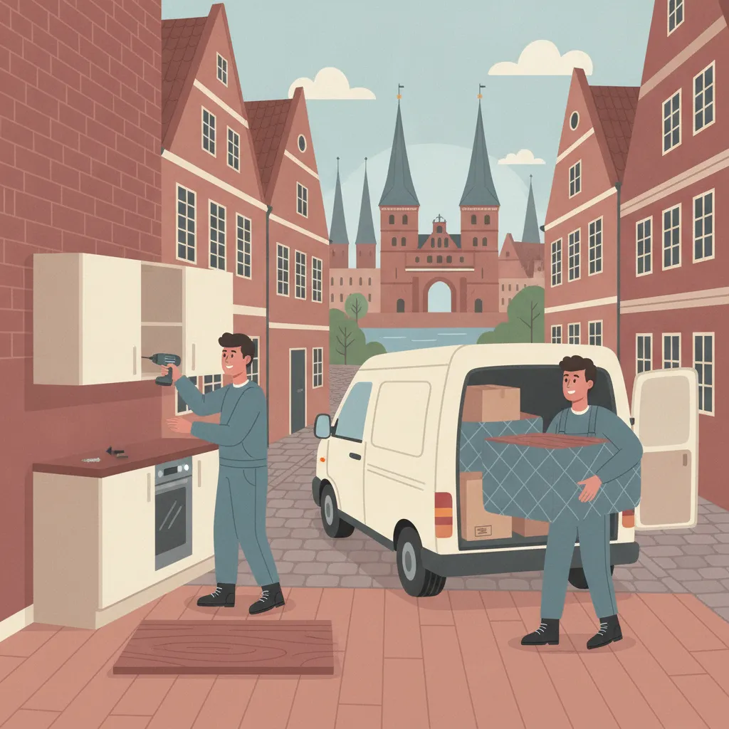 Comic-Illustration: zwei Monteure bauen eine Einbauküche mit Akkuschrauber ab und tragen einen in Decken gepackten Hängeschrank zum Transporter vor einem Lübecker Backstein-Altbau mit Kirchtürmen – Küchenumzug in Lübeck