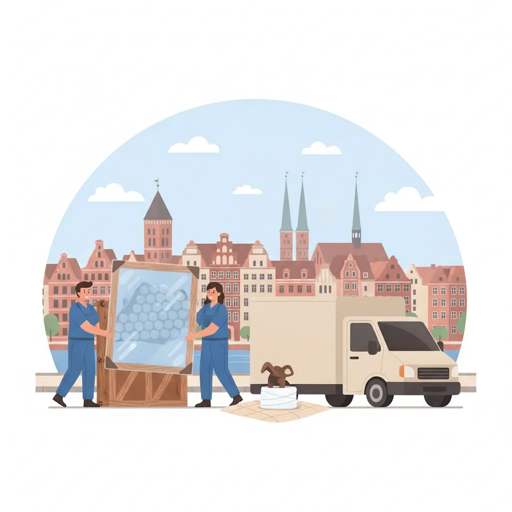 Comic-Illustration: zwei Träger tragen ein in Luftpolster und Holzkiste verpacktes gerahmtes Gemälde zu einem Transporter vor der Lübecker Backstein-Altstadt mit Kirchtürmen – Kunsttransport in Lübeck
