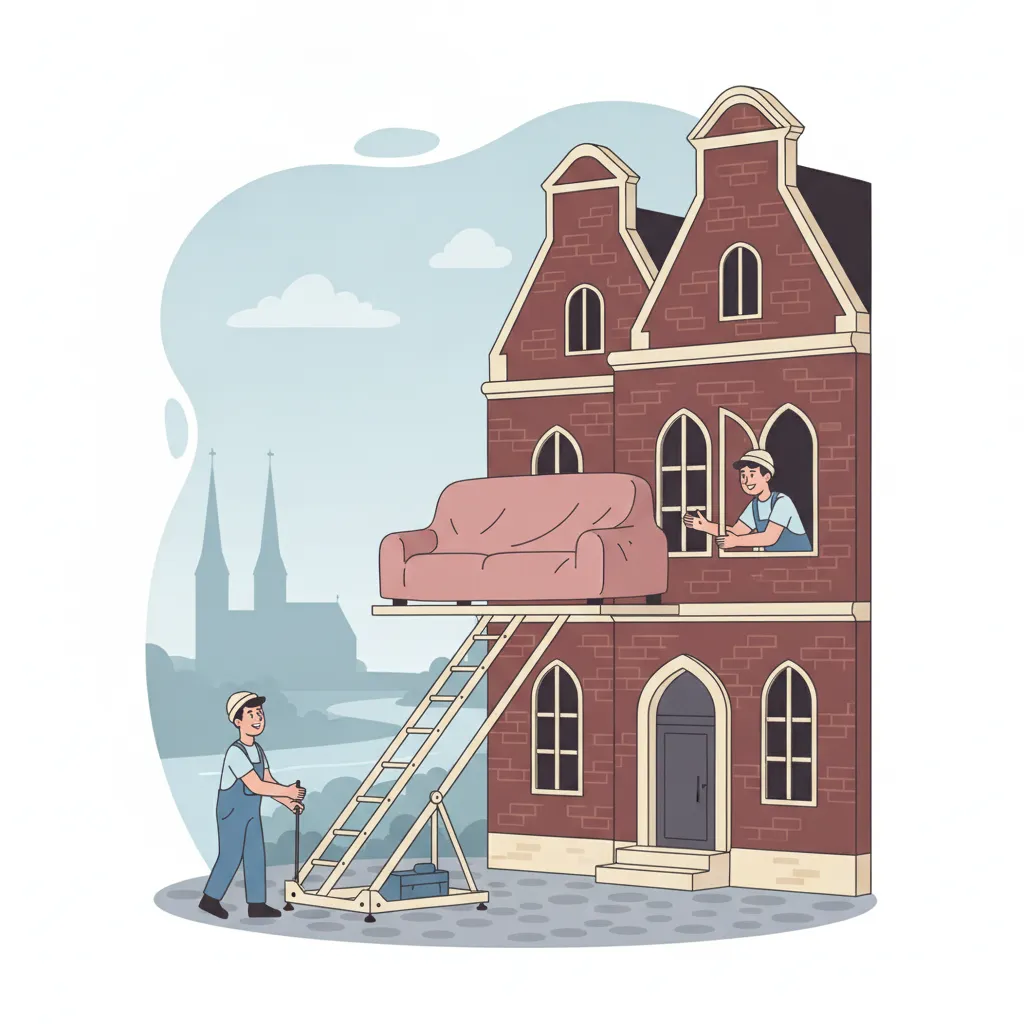 Flat-Design-Illustration: ein Außen-Möbellift hebt ein Sofa am Backsteingiebel eines Lübecker Altbaus zum Fenster im dritten Stock – Möbellift Lübeck mieten