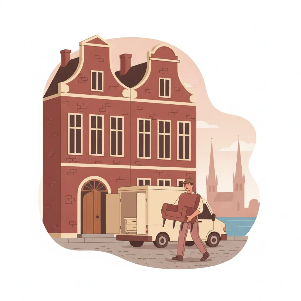 Flat-Design-Illustration: ein Träger trägt einen Sessel vom kleinen Möbeltaxi-Transporter zur Haustür eines Lübecker Backsteinhauses in der Altstadt – Möbeltaxi in Lübeck