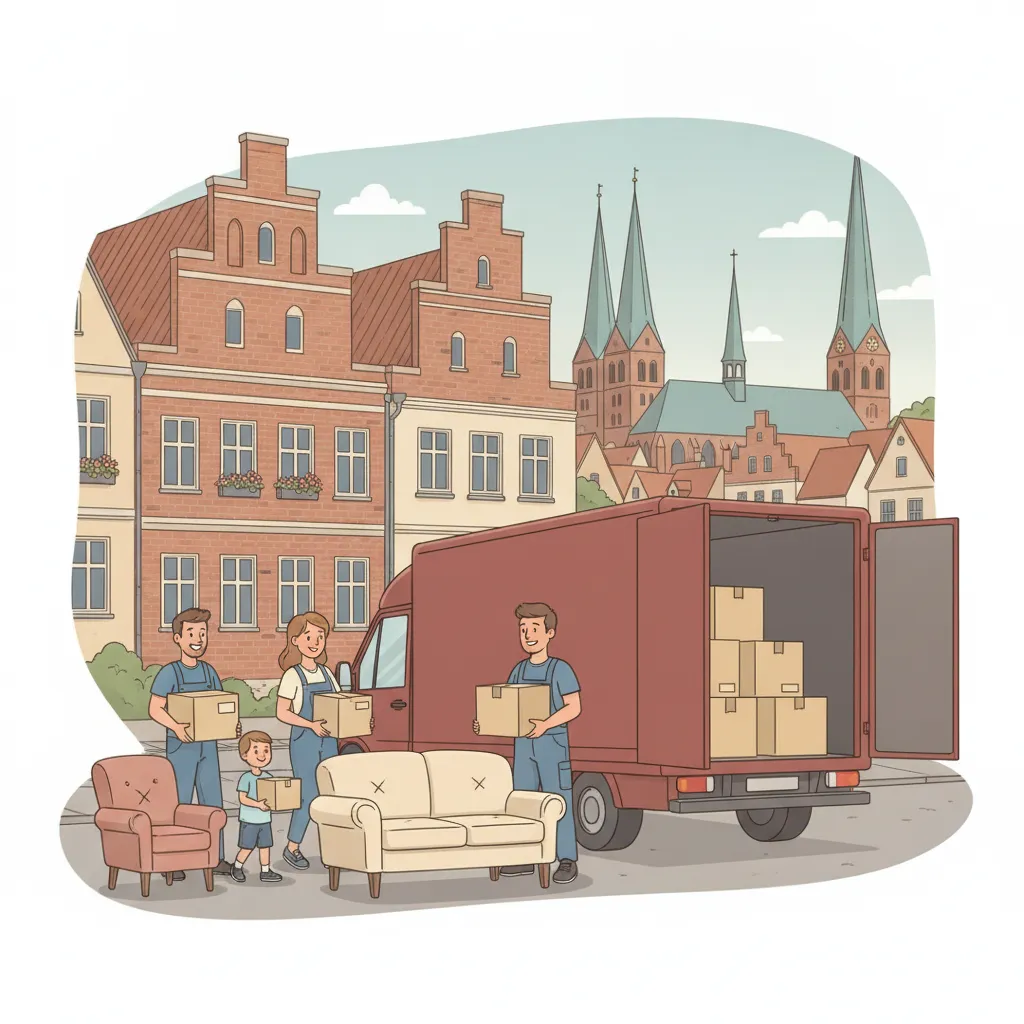 Comic-Illustration: eine Familie und zwei Helfer tragen Umzugskartons und ein Sofa vor einem Lübecker Backsteingiebelhaus zu einem geschlossenen Kastenwagen – Privatumzug in Lübeck