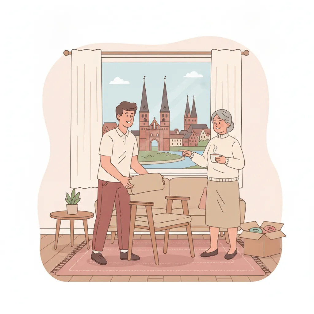 Flat-Design-Illustration: ein Helfer richtet behutsam die Möbel einer Seniorin in einer hellen Lübecker Wohnung ein, im Fenster die Silhouette der sieben Türme – Seniorenumzug Lübeck