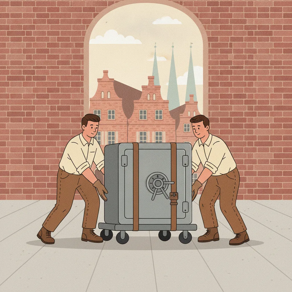 Comic-Illustration: zwei Spezialtransporteure bewegen einen schweren Tresor auf einem Schwerlastroller durch ein Lübecker Gründerzeit-Treppenhaus – Tresortransport Lübeck