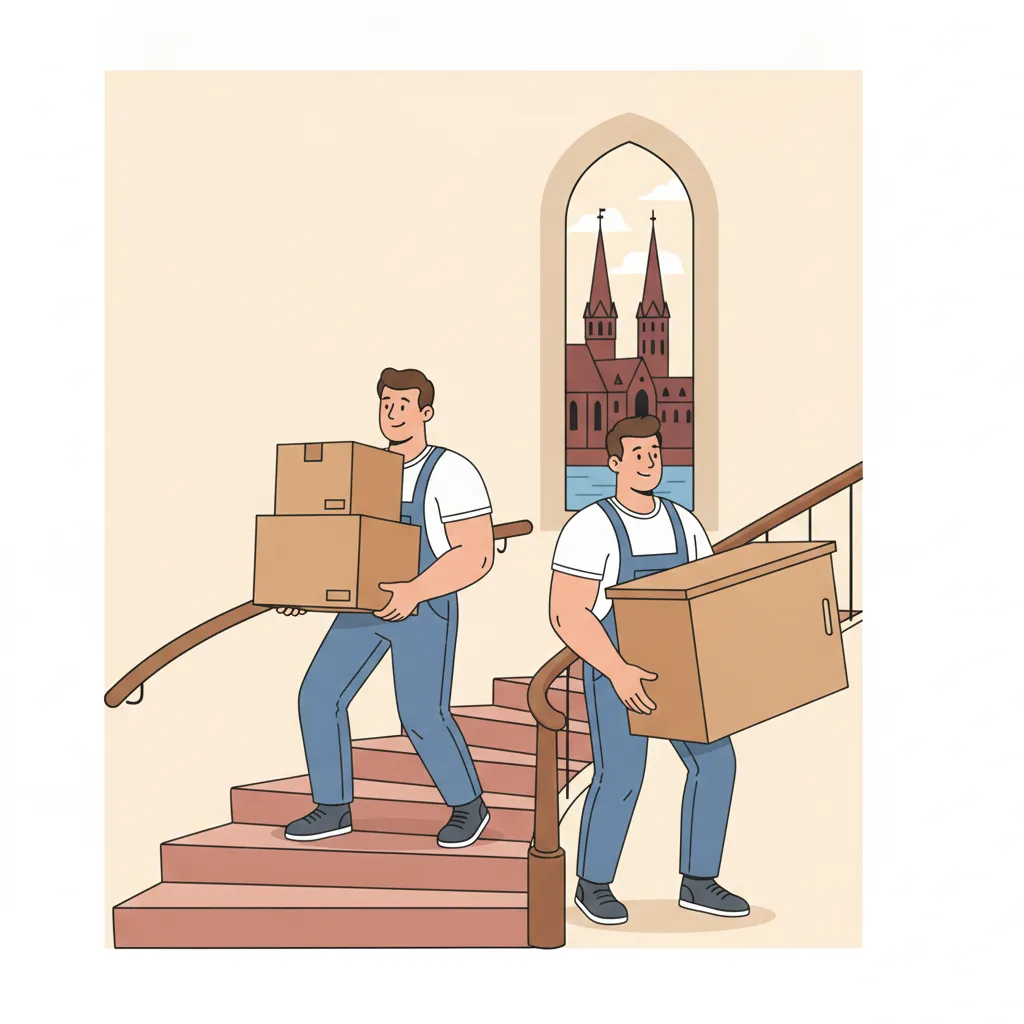 Flat-Design-Illustration: zwei Umzugshelfer tragen Kartons und einen Schrank die Treppe eines Lübecker Altbaus hinauf – Umzugshelfer Lübeck stundenweise
