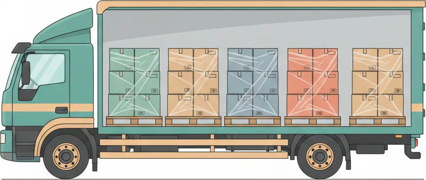 Comic-Illustration: Transporter mit mehreren stretchfolierten Paletten in unterschiedlichen Farben – jede Palette steht für einen Kunden – auf der Strecke Lübeck–Berlin