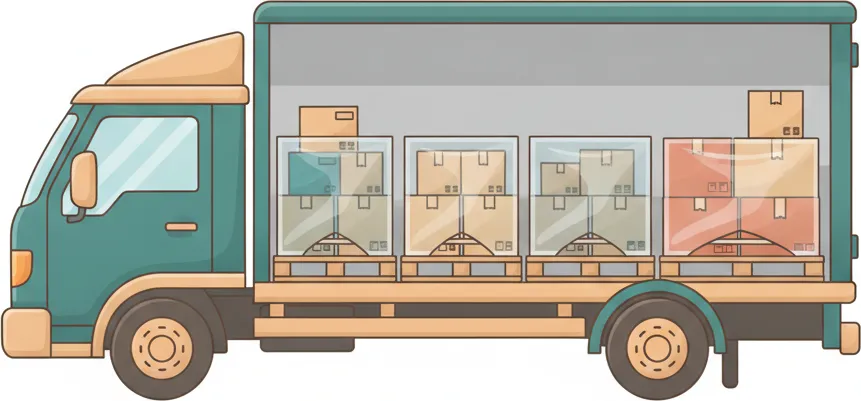 Comic-Illustration: Transporter mit mehreren stretchfolierten Paletten in unterschiedlichen Farben – jede Palette steht für einen Kunden – auf der Strecke Lübeck–Bremen