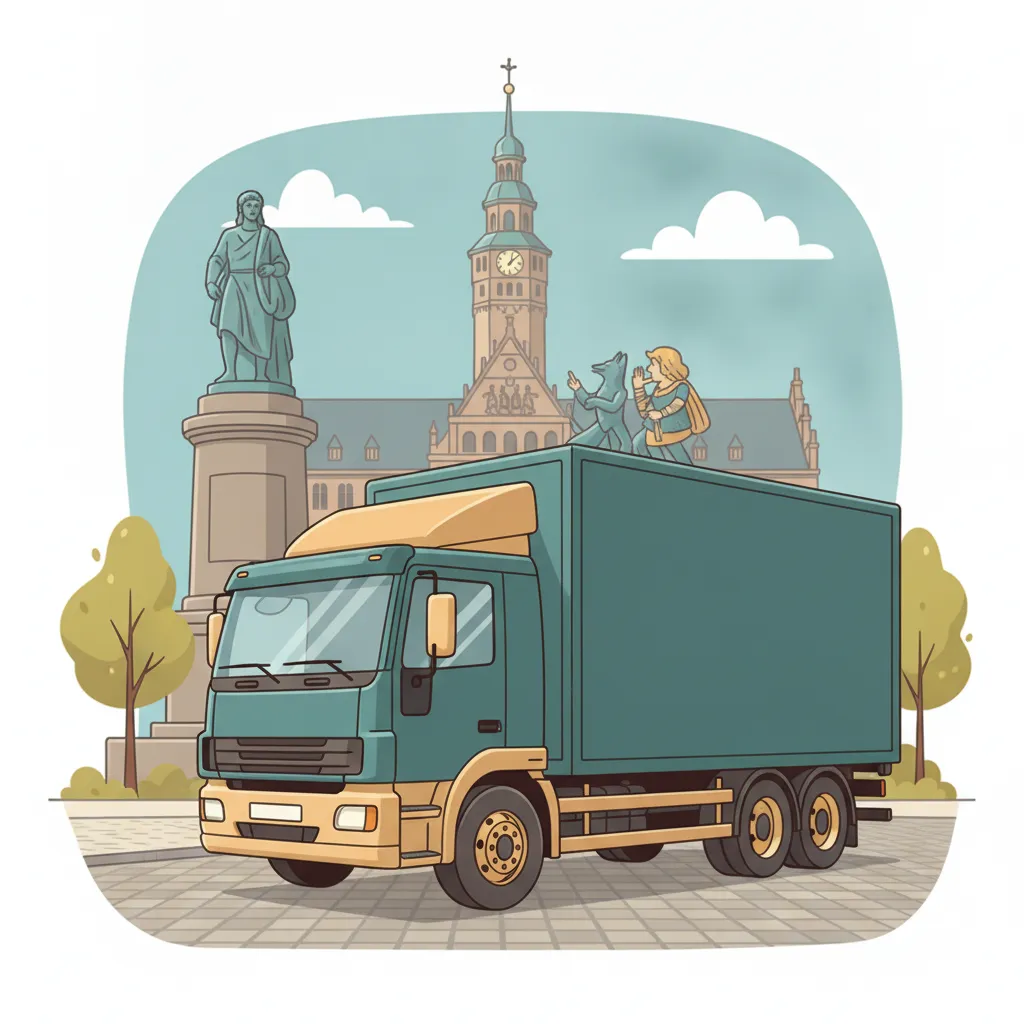 Comic-Illustration: geschlossener Umzugstransporter erreicht Bremen – Beiladung von Lübeck nach Bremen