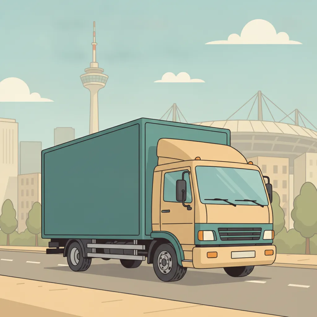 Comic-Illustration: geschlossener Umzugstransporter erreicht Dortmund – Beiladung von Lübeck nach Dortmund