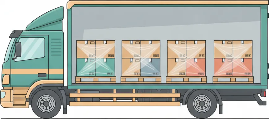 Comic-Illustration: Transporter mit mehreren stretchfolierten Paletten in unterschiedlichen Farben – jede Palette steht für einen Kunden – auf der Strecke Lübeck–Frankfurt