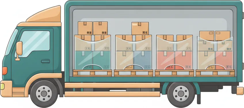 Comic-Illustration: Transporter mit mehreren stretchfolierten Paletten in unterschiedlichen Farben – jede Palette steht für einen Kunden – auf der Strecke Lübeck–Hamburg