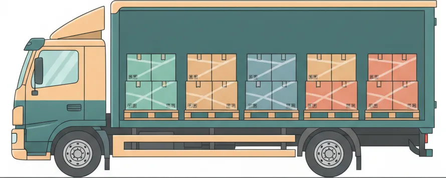 So funktioniert eine Beiladung von Lübeck nach Hannover Comic-Illustration: Transporter mit mehreren stretchfolierten Paletten in unterschiedlichen Farben – jede Palette steht für einen Kunden – auf der Strecke Lübeck–Hannover