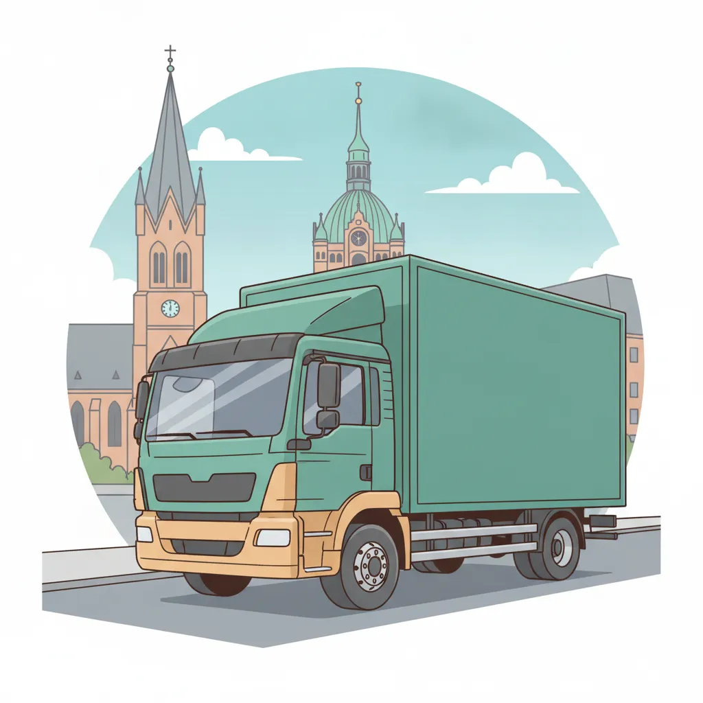Comic-Illustration: geschlossener Umzugstransporter erreicht Hannover – Beiladung von Lübeck nach Hannover