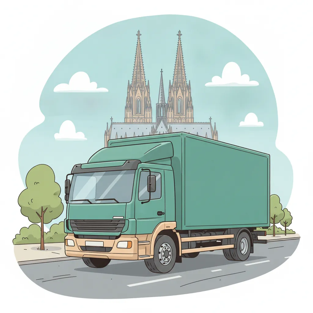 Comic-Illustration: geschlossener Umzugstransporter erreicht Köln – Beiladung von Lübeck nach Köln