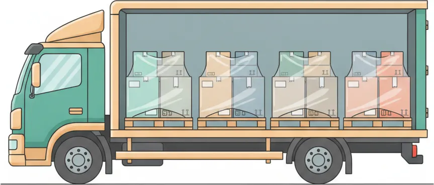 So funktioniert eine Beiladung von Lübeck nach München Comic-Illustration: Transporter mit mehreren stretchfolierten Paletten in unterschiedlichen Farben – jede Palette steht für einen Kunden – auf der Strecke Lübeck–München