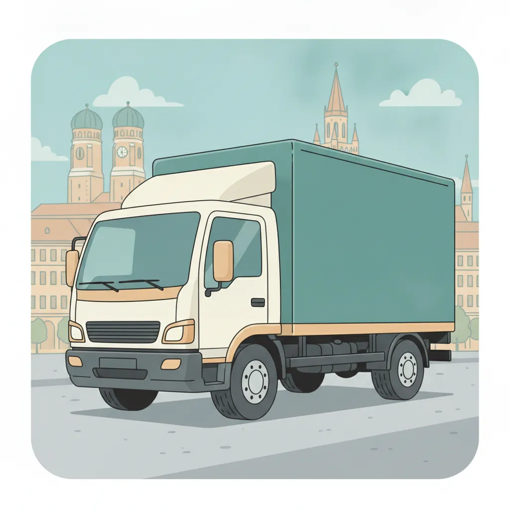Comic-Illustration: geschlossener Umzugstransporter erreicht München – Beiladung von Lübeck nach München